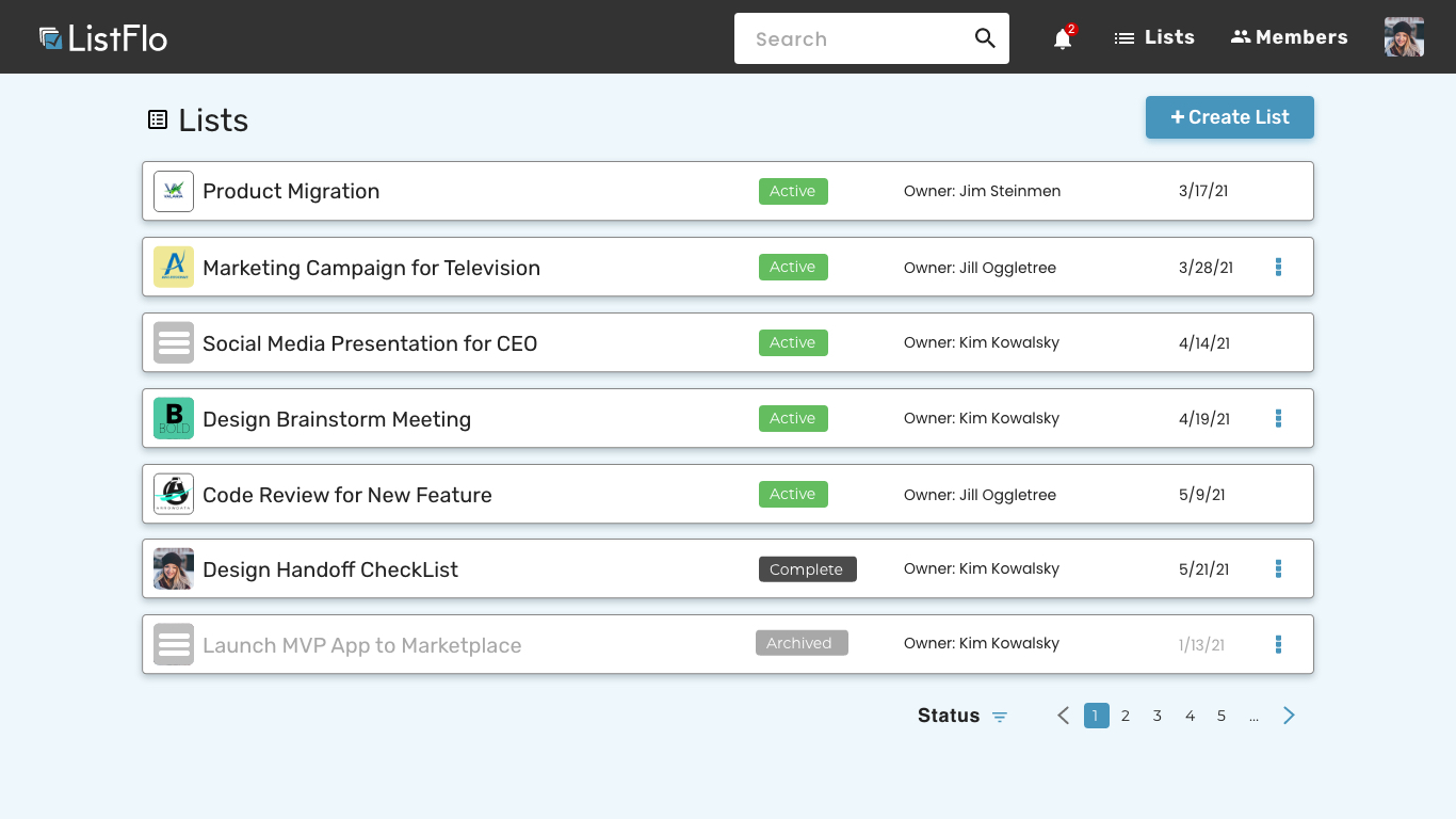 ListFlo lists page or dashboard
